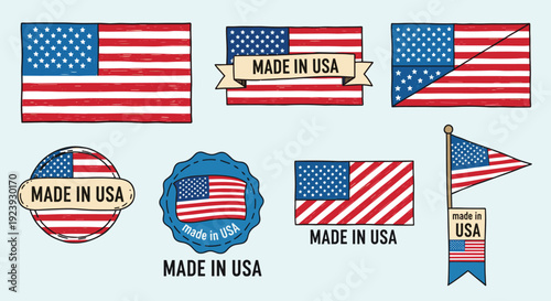 A collection of USA flags and 'Made in USA' badges in flat modern vector style, ideal for patriotic branding and merchandise