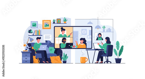 Remote Work Collaboration: Diverse Team in Virtual Video Conference Meeting from Home Offices. Online Communication & Telecommuting Illustration.