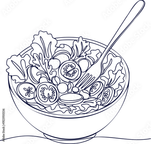 A bowl of salad with a fork and spoon, top view, illustration, vegetables, dining