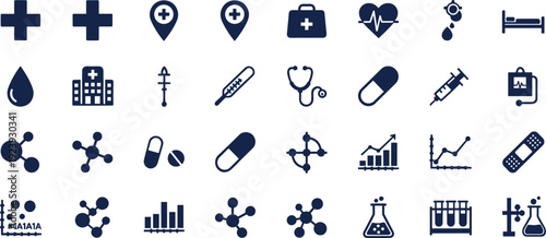 Medical and healthcare icon set with hospital, medicine, syringe and laboratory symbols, blue flat vector collection isolated on white background