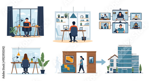 Flexible & Hybrid Work Model Concepts: Remote Office, Video Conferencing, and Transition to Workplace Illustrations