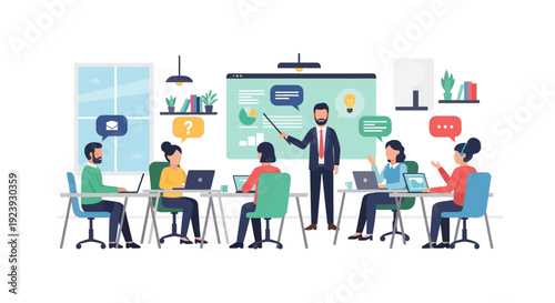 Business Presentation and Team Training. Corporate Workshop with Presenter and Audience Collaboration, Idea Generation, and Communication in a Modern Flat Design Vector.