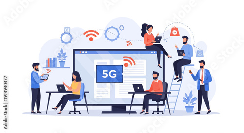 5G Global Network Connectivity: Business Team Collaborating with High-Speed Wireless Internet and Digital Communication Technology in a Modern Workspace