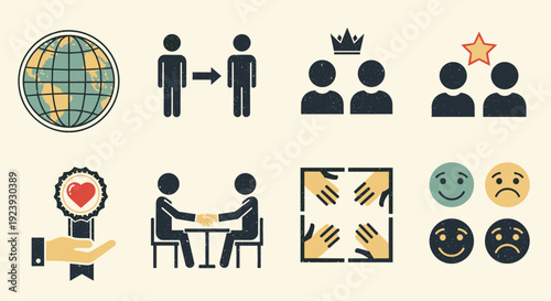 A collection of teamwork and collaboration icons featuring global connection, partnership, and emotions in a flat vector style, suitable for business and social projects