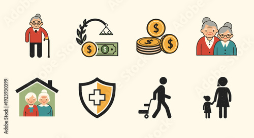 A collection of elderly care and finance icons in flat vector style, suitable for retirement planning and healthcare design
