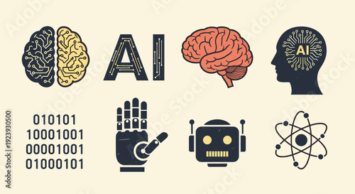 A collection of brain, AI, robot, and technology icons in modern vector style, ideal for tech-related projects