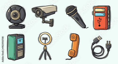 A collection of various audio and video equipment including microphones, webcams, and tripods in colorful flat vector style, ideal for tech-related projects