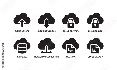 Cloud computing and data management icons set including upload download security server database and backup  cloud services symbols