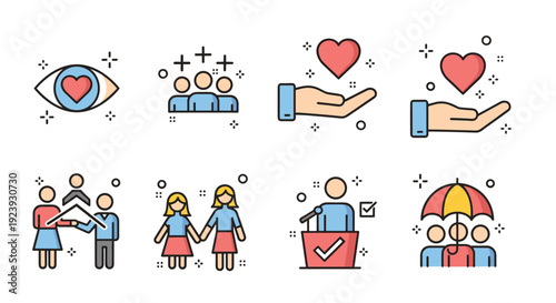 A collection of vector icons depicting community support, love, teamwork, and relationships in a modern flat style, suitable for social initiatives and events