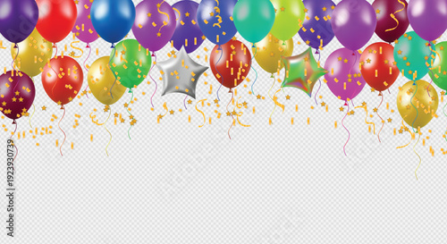 Colorful balloons with golden confetti and streamers isolated on transparent background festive party celebration design