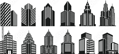 Modern city skyline silhouette set with skyscrapers, office towers and urban architecture buildings isolated in black vector collection for real estate design