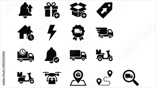 Set of 16 Black Delivery and Shipping Service Icons Vector