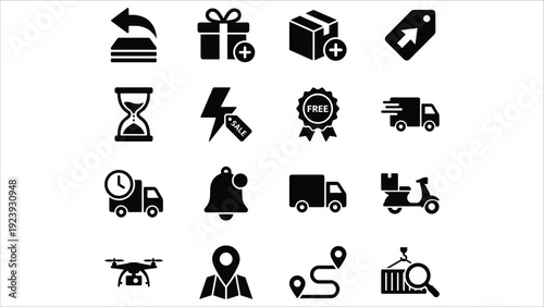 Set of 16 Black E-commerce and Delivery Vector Icons