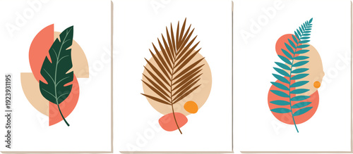 Set of three botanical wall art templates with tropical leaves and abstract geometric shapes in a modern boho minimalist style.