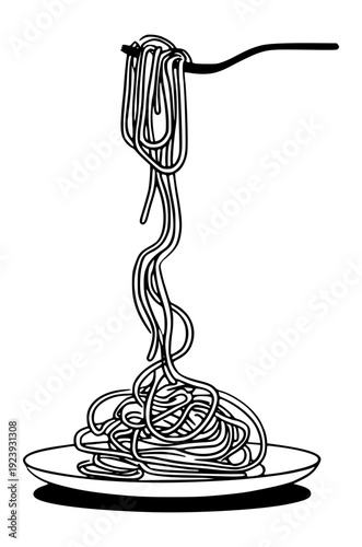 Line illustration of spaghetti on plate with fork