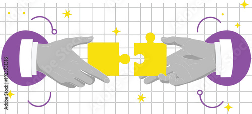 Flat vector illustration of two business hands connecting bright yellow jigsaw puzzle pieces representing teamwork, successful partnership, strategic collaboration, and creative problem solving.