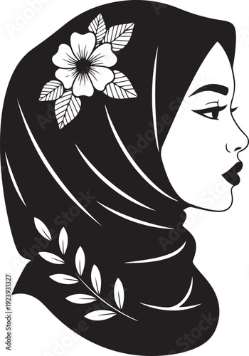 Black and white silhouette of a woman wearing a hijab adorned with flowers and leaves
