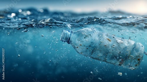 Single plastic bottle floating in polluted ocean surface, symbolizing maritime water ecosystem degradation and restoration need.