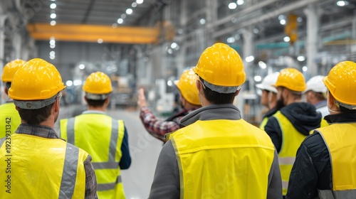 Safety auditor leading job hazard analysis in industrial warehouse with worker wearing hardhat and high-visibility vest addressing team.