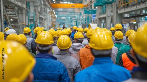 Worker in hard hat and high-visibility vest listens to safety instruction during safety meeting inside industrial facility with helmet, vest, and crane in background.