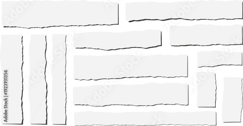 Collection of white torn paper strips and ripped horizontal and vertical edges isolated on white background for creative design projects and notes vector.