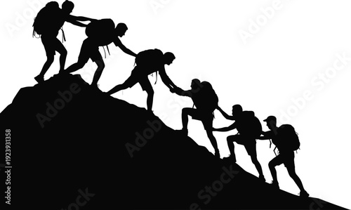 Mountain Climbers Helping Each Other Silhouette, Teamwork and Adventure Hiking Concept with Backpackers Ascending Steep Slope Isolated on White Background Vector Illustration