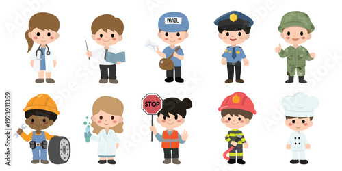Cute kids in various jobs set. Smiling little boys and girls in uniform with professional equipment colorful, Career, occupation, work, for labor day, may day, vector illustrations