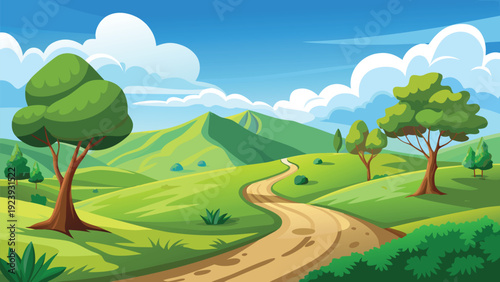 A serene adventure path winding through a lush, green countryside landscape under a bright sky