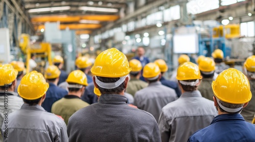 Worker wearing hard hat and safety vest listens to supervisor during industrial safety meeting in factory setting.