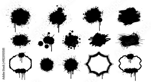 Set of Various Black Ink Splatter Paint Stain and Grunge Drip Shapes