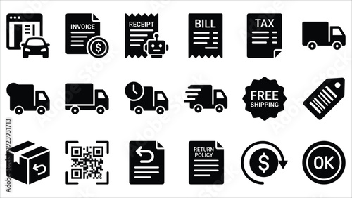 Set of 18 Black and White E-commerce Delivery and Payment Icons Vector