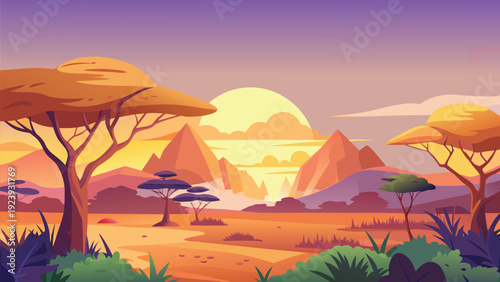 Serene desert landscape at golden hour with silhouetted trees and sand dunes