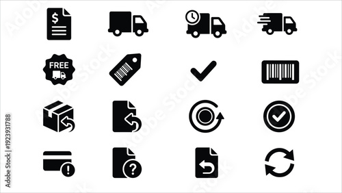 Set of 16 Black E-commerce and Delivery Vector Icons on White Background