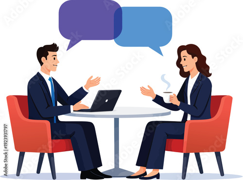 Professional discussion between colleagues at a meeting with laptops and speech bubbles