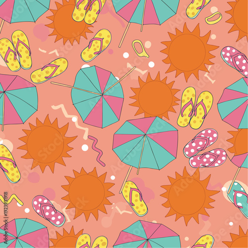 Colorful seamless pattern featuring suns, beach umbrellas, and flip-flops on a peach background