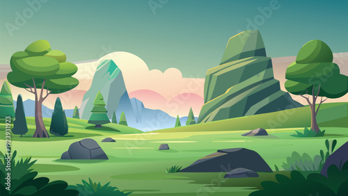 Serene landscape with rolling hills and lush greenery under a clear sky