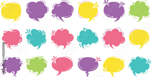 Collection of colorful hand drawn speech bubbles and thought clouds with decorative elements for communication social media and creative design projects vector.