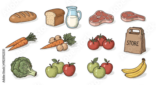 Cartoon Illustration of Common Grocery Items: Bread Produce Meat and Dairy