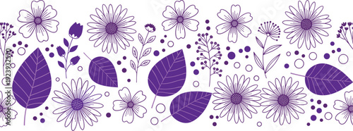 Purple floral seamless border vector with hand drawn line art flowers leaves and dots for wedding invitation card design and wallpaper