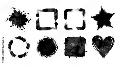 Abstract Black Grunge Ink Splatter Shapes Set: Frames Star Heart Swirl Circle