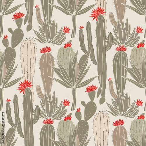 Seamless desert plant pattern featuring cacti, succulents, and red flowers on a neutral background