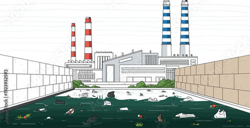 Industrial factory with smoking chimneys polluting a water reservoir filled with plastic waste and garbage in a flat vector illustration style