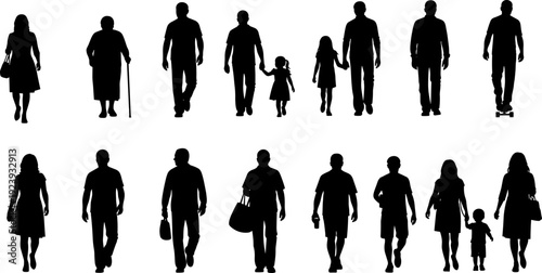 People silhouettes collection, walking men women children and elderly persons, black vector illustration isolated on white background set