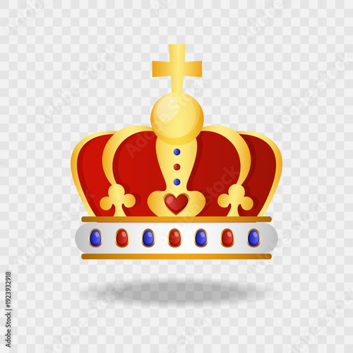 Golden crown isolated on transparent background. Luxury monarch crowning jewel headdress. Crown icon for web design.Royal medieval headdress. Symbol of king or queen. Cartoon flat style. Vector 