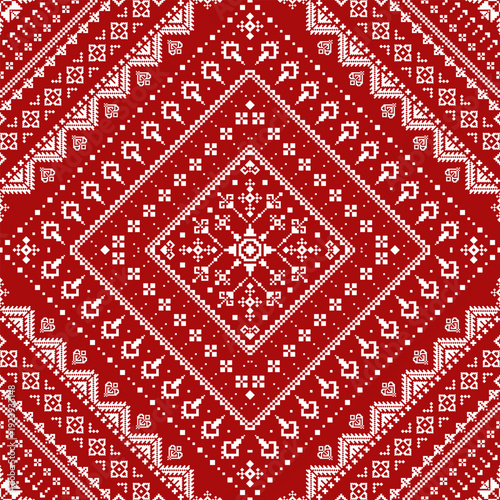 Red and white pixel pattern featuring a large central diamond medallion with layered geometric borders and small cross motifs. Symmetrical layout suitable for fabric, wallpaper, wrapping paper, and su
