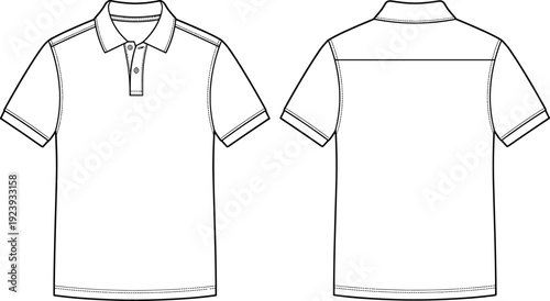 Polo shirt technical fashion flat sketch, front and back view, short sleeve collar, vector template apparel outline design