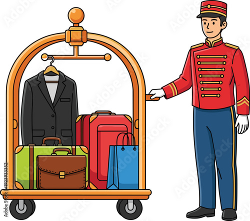 Professional hotel bellhop in red uniform pushing a golden luggage cart with suitcases and business attire vector illustration.
