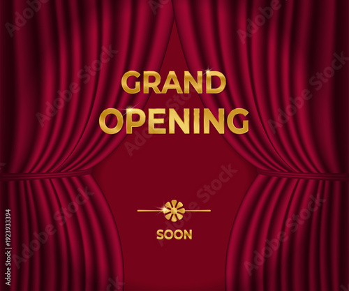 A luxurious banner with a red curtain and the golden inscription "Grand Opening". Vector illustration.