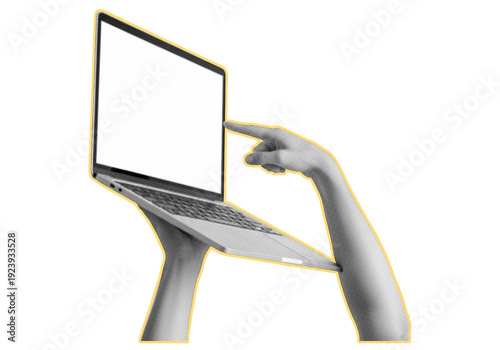 Hand using laptop computer halftone collage. Trendy retro halftone collage element isolated on transparent background.