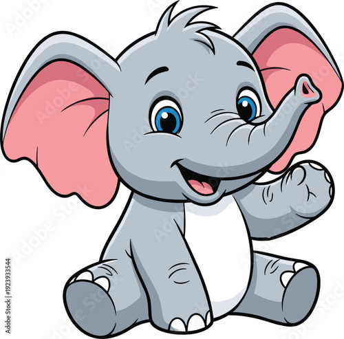 Φωτογραφία Cute baby elephant cartoon character sitting and waving with big pink ears isolated on white background vector illustration